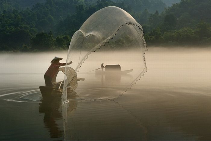 Туманное утро - самое время для рыбалки кастинговой сетью